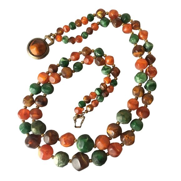 Orange Green Marbleized Beads Necklace Vintage Jewelry - Picture 4 of 7